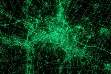 Naklejka na ściany i meble Map of the streets of Bologna (Italy) made with green illumination and glow effect. Top view on roads network. 3d render, illustration