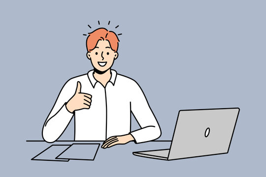 Smiling young businessman sit at office desk work on computer show thumb up. Smiling male employee recommend good workplace or company. Vector illustration. 