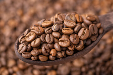 Aromatic golden coffee beans in wooden spoon. Beautiful background of coffee beans for coffee machines