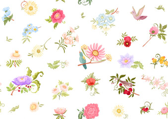 Fantasy flowers and birds in retro, vintage, jacobean embroidery style. Millefleurs seamless pattern, background. Vector illustration. Multicolor.
