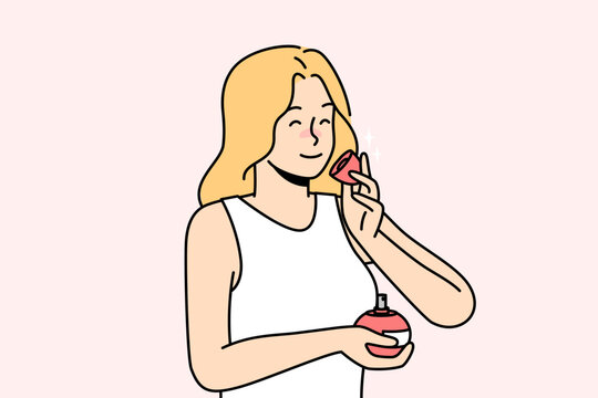 woman smelling perfume, pink bottle, cartoon style clip art preview