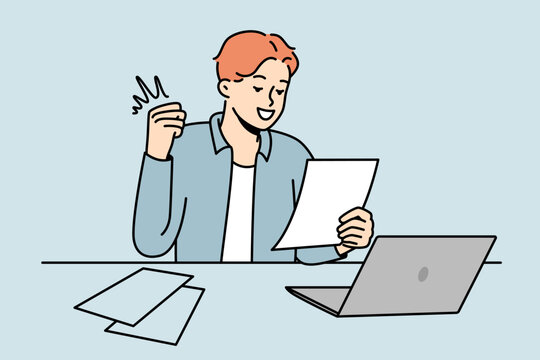Smiling young man sit at desk work on computer excited with good news in letter. Happy guy celebrate promotion or win notification in paperwork. Vector illustration. 