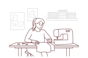 Female dressmaker or seamstress working on sewing machine in workshop. Smiling woman sewing sitting on table. Hobby and design. Vector illustration.