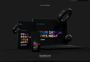 Black Laptop with Smartphone and Tablet Mockups on Dark Background with Floating Geometry Circles