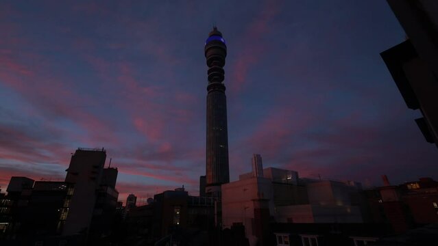 A colorful and beautiful timelapse from evening to night during sunset of the BT (British Telecom) Tower in central London.
