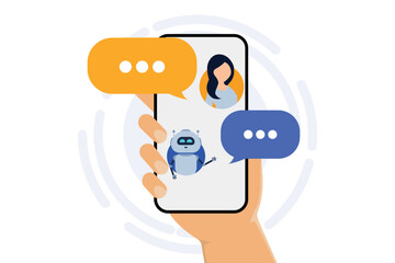 Chatbot concept. Hand holding phone with illustration of woman chatting with chat bot in smartphone. User chatting with chat bot on smartphone. Customer service help. Vector illustration