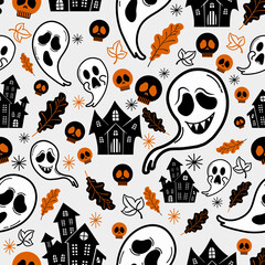 seamless pattern for Halloween. Halloween party illustration in vector form. black and orange lines, skulls, Halloween houses, and ghosts. Cartoon seamless vector pattern