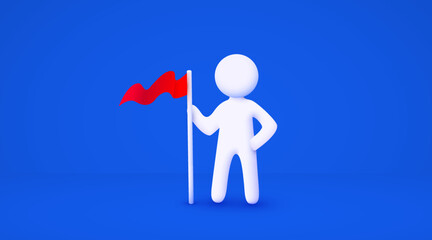 3d white cartoon man holding red flag. Goal achievement concept. Isolated blue background.