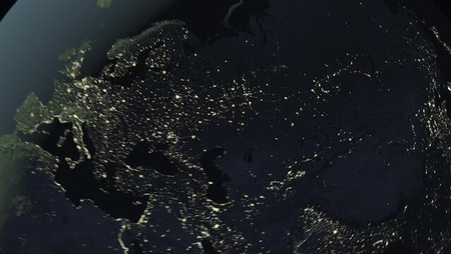 Seamless looping animation of the earth at night zooming in to the 3d map of Mongolia with the capital and the biggest cites in 4K resolution
