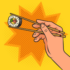 hand holding sushi roll with chopsticks pinup pop art retro vector illustration. Comic book style imitation.
