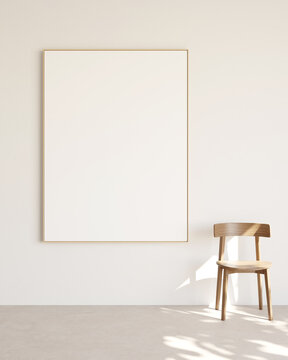 Empty picture frame with thin wooden border on white. vintage design chair nearby. Template for your content. 3D illustration.