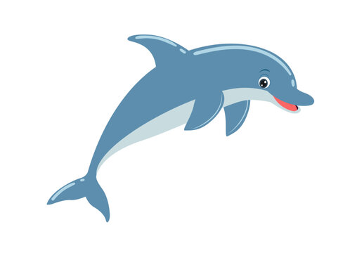 Cute Cartoon Dolphin in flat style. Vector illustration of dolphin isolated on white background