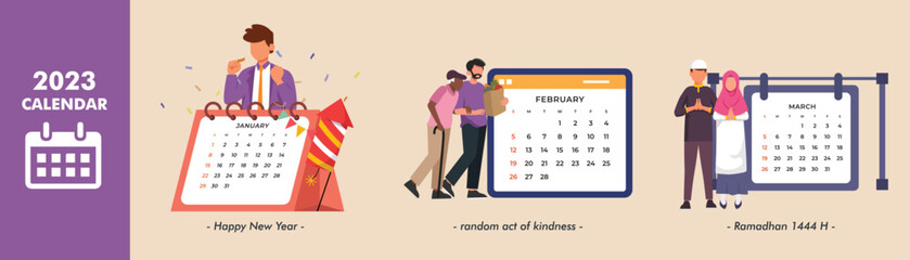 2023 calendar set. January, February and March month. Colored flat graphic vector illustration isolated.