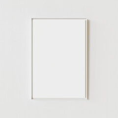 White plastic picture frame hanging on white wall. Blank place. Template for your content. 3D illustration.