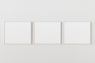 Group of three empty picture frames hanging on white wall at same height. Template for your content. 3D illustration.