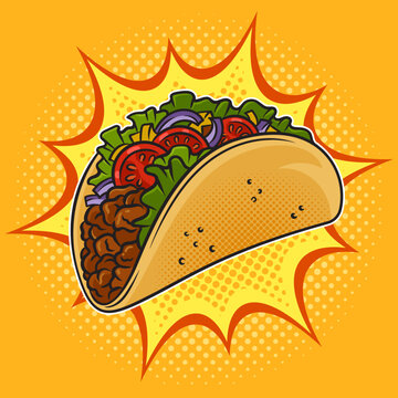 Taco traditional Mexican food pinup pop art retro vector illustration. Comic book style imitation.