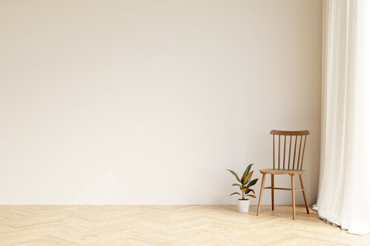 Empty white wall in apartment room. Wooden chair and plant on parquet flooring. Template for your content. 3D illustration.
