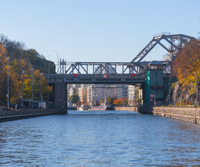 Counter weight bridge at the canal Danvikskanalen a colorful autumn day in Stockholm