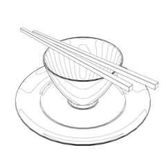 Outline of a cup with chopsticks from black lines isolated on a white background. Asian dishes. Isometric view. 3D. Vector illustration.