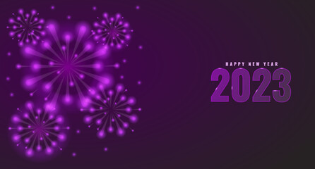 2023 background banner purple background color with fireworks. Happy new year horizontal background poster. Holiday concept vector illustration.