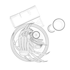 Outline of a dish with crab on a plate, a napkin and a glass from black lines isolated on a white background. View from above. Vector illustration.