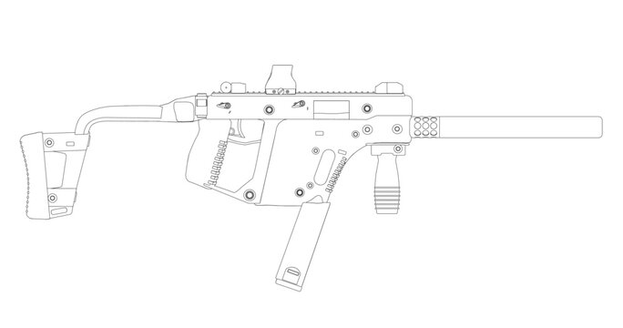 Outline of a military machine gun from black lines isolated on a white background. Side view. Vector illustration.