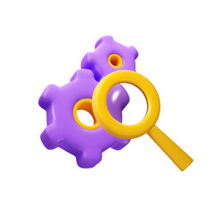 3d icon gear and magnifier. Cog through magnifying glass illustration. Search engine concept