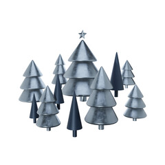 Abstract Christmas trees. Silver blue Christmas trees isolated on transparent background. 3d new year metallic tree composition. 3D render, PNG. Xmas minimal abstract background. 