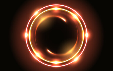 Neon round frame. Fantastic background with glowing circle and shiny space portal into another dimension.