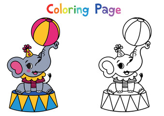 Colouring page for kids in the theme of cute circus elephant. Vector illustration.
