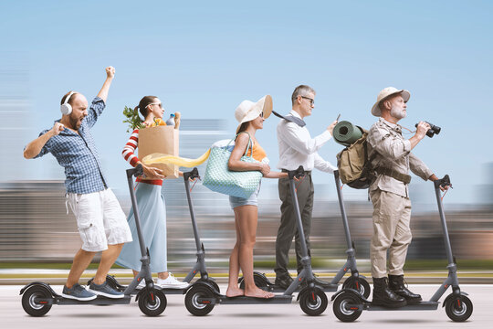 Crowd Of Diverse People Riding Electric Scooters In The Street