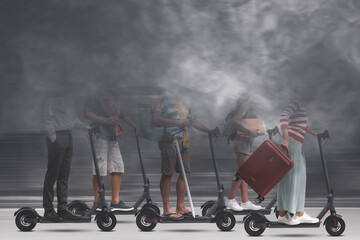 People riding electric scooters in a polluted city