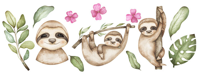 Watercolor set with funny sloths, flowers and leaves. Cute arrangements with friendly animals in retro style © Liubov