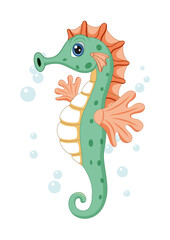 Cute green seahorse Isolated on white background. Vector illustration