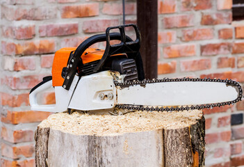 Close-up view of chainsaw on the stump with many sawdust