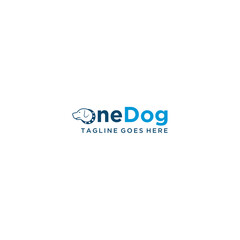 Word mark logo formed dog head in letter O with blue color