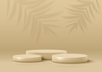 Three Podiums Composition on Beige-Golden Background with Blurred Palm Leaves. Horizontal Banner. Vector Illustration.