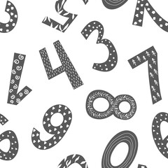 Seamless pattern with doodle hand drawn numbers in Scandinavian Style. Vector background with black and white numbers, kids nursery backdrop