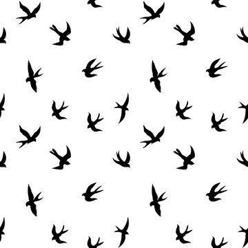 Seamless pattern of black swallows. Black silhouette on a white background. Black contours of flying birds. Flying swallows. vector illustration isolated on white background.