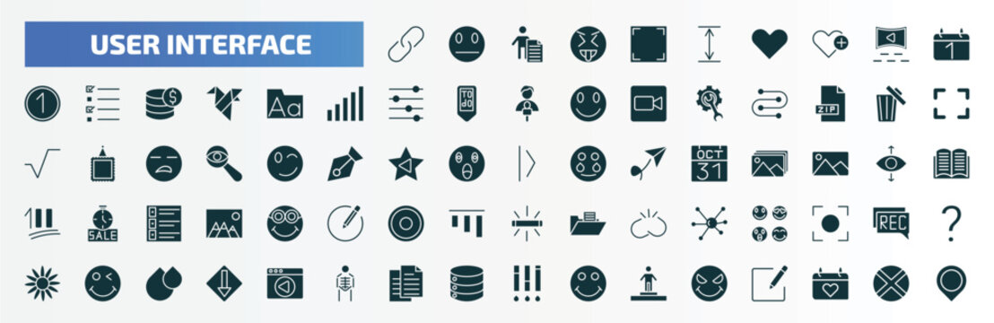 user interface filled icons set. flat icons such as images interface, screen in white, first date, fonts, rubbish, slide right, the of, winking smile, paper work, evil smile glyph icons.