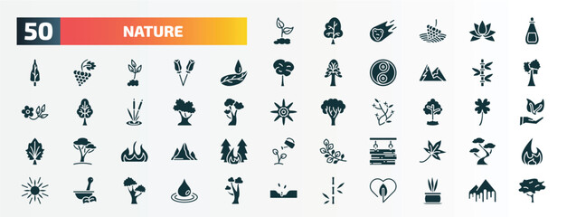 Fototapeta na wymiar set of 50 filled nature icons. flat icons such as grows, essence, leaf and drop, bamboo plant from japan, white oak tree, tree growing, burn, wood board, therapy, bamboo branches glyph icons.