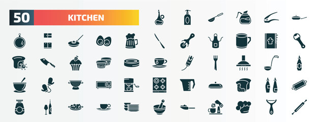 set of 50 filled kitchen icons. flat icons such as olive oil, pan, beer, recipe book, custard cup, extractor hood, nder, platter, wine bottle, scoop glyph icons.