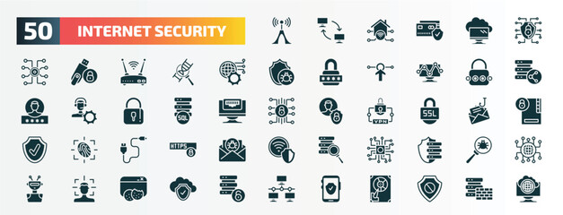 set of 50 filled internet security icons. flat icons such as wireless connection, network, network optimization, passkey, sql, ssl, phone cable, processor, facial recognition, mobile phone security