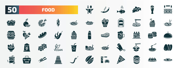 set of 50 filled food icons. flat icons such as bistro, cafe bar, shuizhu, romantic muffin, hot pepper, congratulations, flower shaped biscuits, cooking mitts, fishing tool, drive through glyph