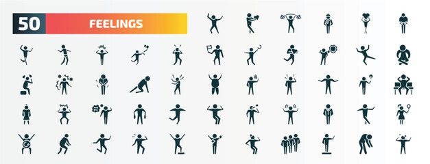 set of 50 filled feelings icons. flat icons such as happy human, guilty human, shocked human, relieved ready confident lost amazed disappointed anxious glyph icons.