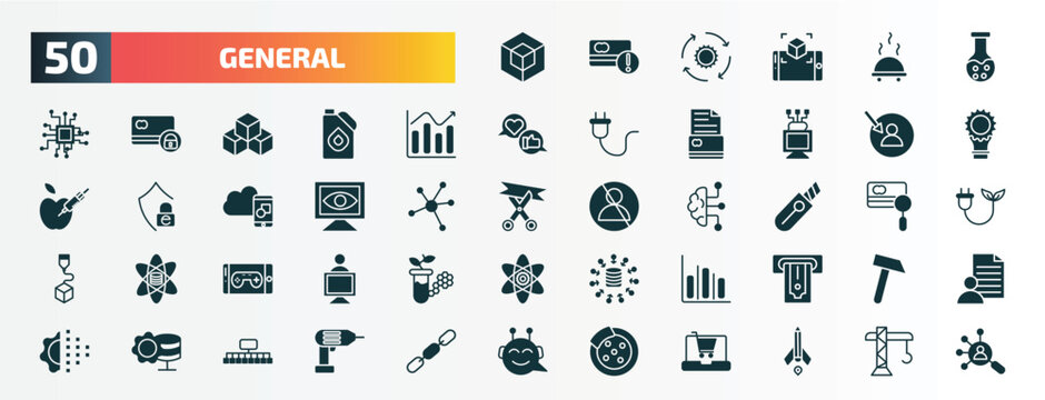 set of 50 filled general icons. flat icons such as 3d modeling, chemical lab, business performance, direct marketing, computer vision, stationery knife, ar game, info chart, data engineering, disk