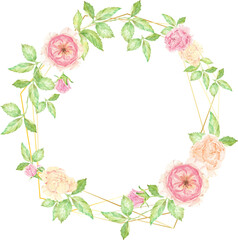 watercolor beautiful English rose flower bouquet wreath with gold frame
