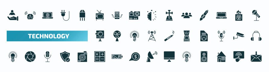 set of 40 filled technology icons. flat icons such as client, old television, customers, digitate, scanner with cover, light on, mathematical operations, old light bulb, domestic, received glyph