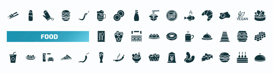set of 40 filled food icons. flat icons such as sushi and chopsticks, jar of beer, cooked fish, restaurant, warm black mug, drinking, pint, bean, burguer, salver glyph icons.