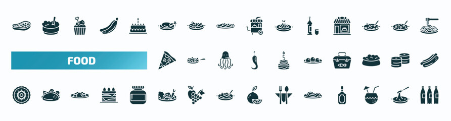 set of 40 filled food icons. flat icons such as foods, peking duck, alcoholic, triangular pizza slice, mantou, moon cake, vegetarian food, zha jiang mian, drink in a coconut, recycling bottles glyph